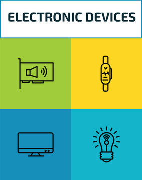 electronic devices outline icon set. 4 linear vector for ui, web and mobile. thin line sound card, smartband, television, smart light icons.