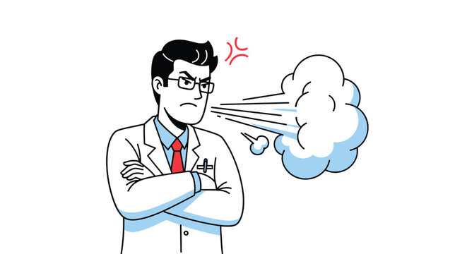 Angry male doctor with arms crossed blowing out a large cloud of white steam representing high pressure.