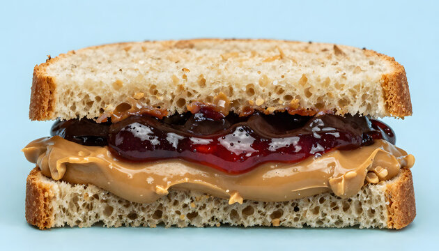 Close-up of a sliced toast sandwich half filled with creamy peanut butter and red berry jam, showcasing rich textures and vibrant contrast. Classic comfort food with a nostalgic feel, perfect foodie