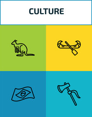 culture outline icon set. 4 linear vector for ui, web and mobile. thin line australian kangaroo, native american canoe, brazil flag, native american axes icons. © Farahim