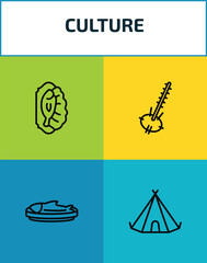 culture outline icon set. 4 linear vector for ui, web and mobile. thin line cantonese fish, kora, imperial carp, native american wigwam icons. © Farahim