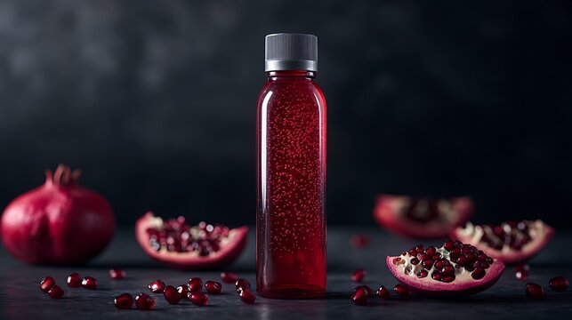 Pomegranate juice in a bottle with fresh fruit on a dark surface.