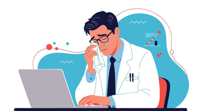 Sad male doctor in white coat sitting at laptop and wiping tears from his eyes with tissue after receiving bad news.