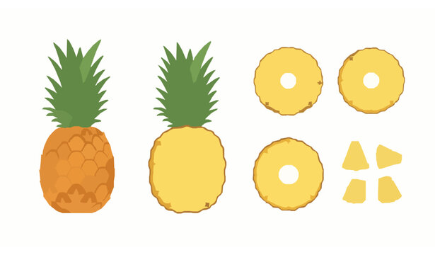 Flat pineapple icons set with whole cut slices and chunks tropical fruit vector illustration isolated on white