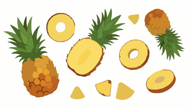 Cute cartoon pineapple collection with whole fruit slices and chunks tropical food vector isolated on white background