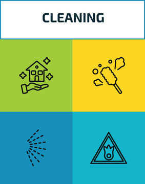 cleaning outline icon set. 4 linear vector for ui, web and mobile. thin line clean-living, duster, spray, oxidizing agent icons.