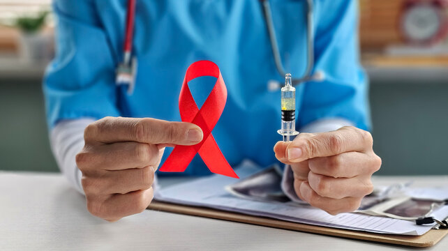 Healthcare worker holds red ribbon for AIDS awareness and syringe for vaccination
