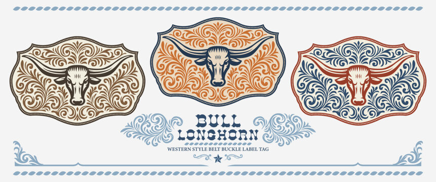 Big horns belt buckle Longhorn Bull tag Label wild west cowboy style design stylized silhouette Western rodeo decor swirls vector design