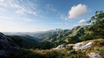 Fototapeta premium Majestic Mountain Vista: A breathtaking panoramic view unfolds, showcasing rolling green hills and rugged mountain ranges under a vast blue sky dotted with fluffy clouds. 