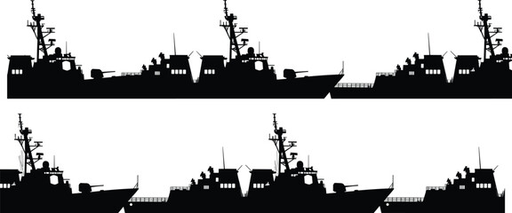 Black silhouette collection of modern military warships and naval destroyers with radar and weapon systems isolated on white background. © jesmin