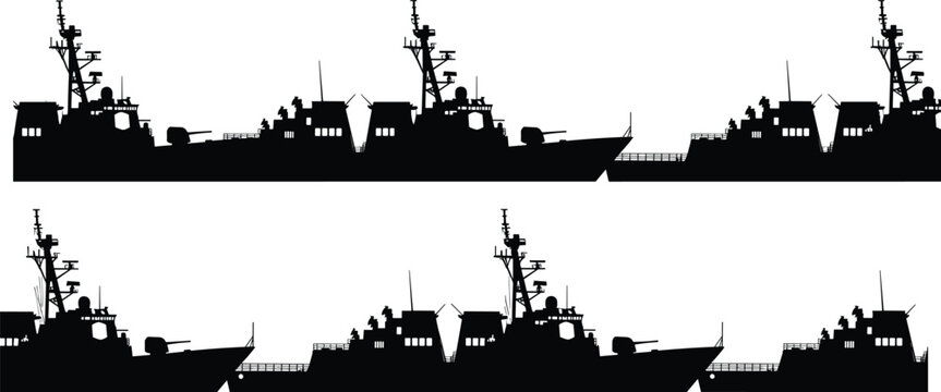 Black silhouette collection of modern military warships and naval destroyers with radar and weapon systems isolated on white background.