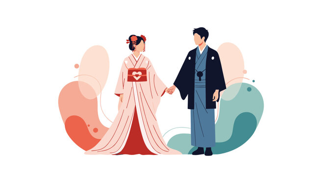 Elegant illustration of a couple wearing traditional Japanese wedding kimono and hakama holding hands on abstract background.