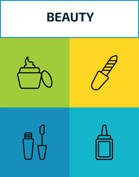 beauty outline icon set. 4 linear vector for ui, web and mobile. thin line facial cream, pedicure, liquid lipstick, aplicator bottle icons.