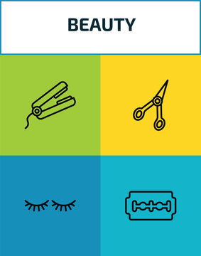beauty outline icon set. 4 linear vector for ui, web and mobile. thin line hair straightener, manicure scissors, two eyelashes, big razor blade icons.