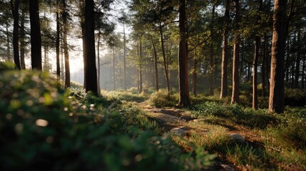 Fototapeta premium Whispers of the Forest: Sunlight filters through a serene forest, illuminating the lush undergrowth and casting long shadows that dance among the trees.