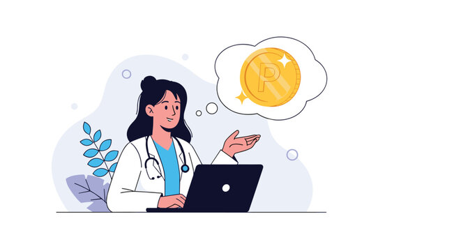 Professional female doctor working on a laptop while thinking about earning points or rewards symbolized by a gold coin icon.