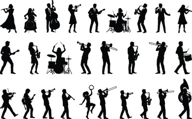 Musician silhouettes vector set isolated on white background, band performers playing instruments including guitar, drums, saxophone, trumpet for music design, concert, clipart elements © MdMominur