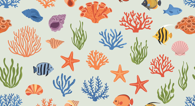 Colorful seamless pattern featuring various types of coral reef, tropical fish, starfish, and sea shells on a soft neutral background.