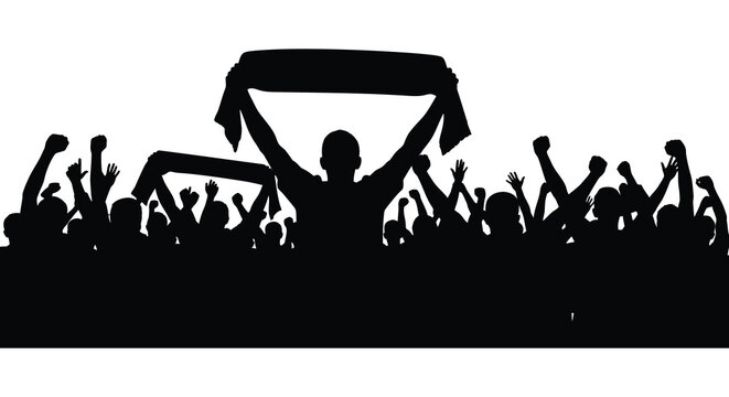 A large crowd of people celebrating with arms raised one person holding a banner aloft depicted in silhouette high quality professional