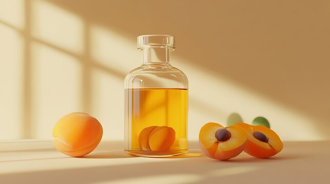 Apricot oil in a glass bottle with fresh apricots and leaves on a beige surface.
