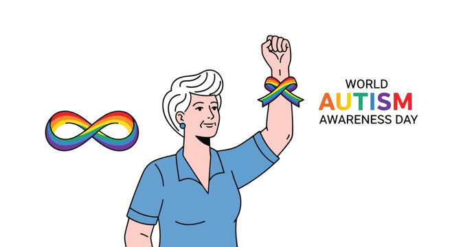 Woman raising fist with rainbow infinity ribbon for autism advocacy