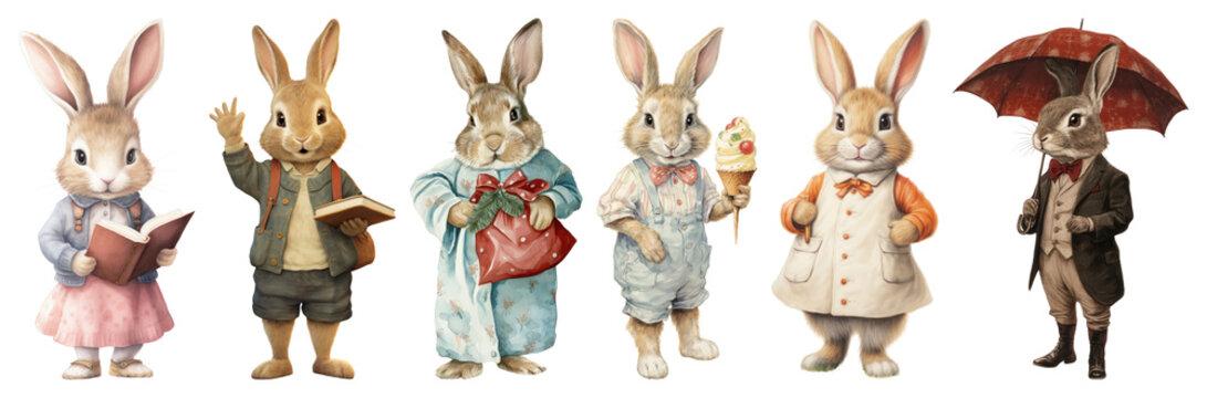 PNG Charming rabbits in vintage attire, transparent background