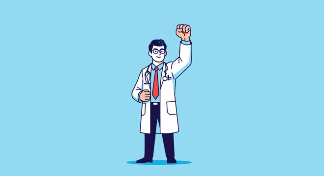 Successful male doctor in a white lab coat celebrating a medical breakthrough with a determined raised fist.