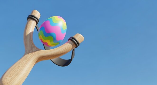Wooden catapult launching colorful ball high.