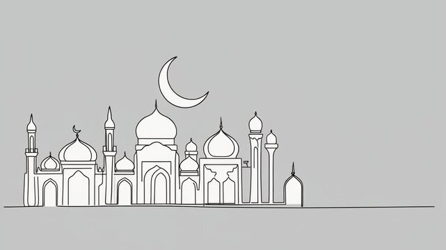 Mosque with Crescent Moon Line Art Design