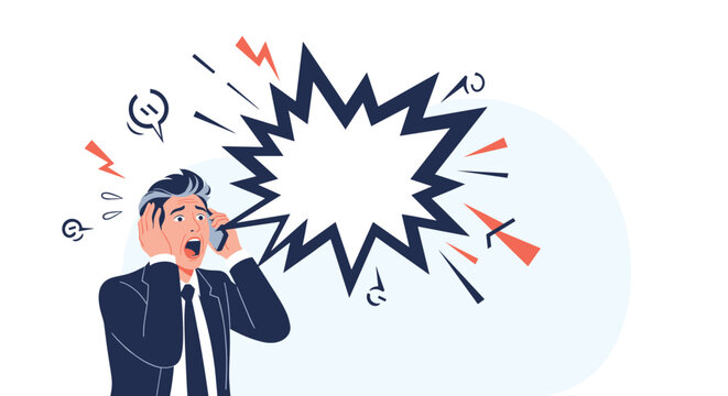Stressed businessman in a suit shouting into a mobile phone while a jagged explosive speech bubble appears next to his head.