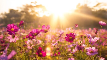Fototapeta premium stem. A vibrant cosmos flower in close-up with a softly blurred field behind it. gardening catalogs, home-decor guides, designed for gardening and botanical catalogs, celebrates nature. 