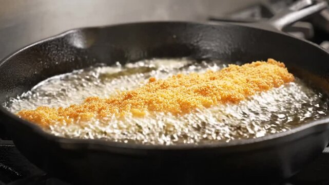Crispy breaded fish fillet frying in a cast iron pan filled with bubbling hot oil, close-up shot
