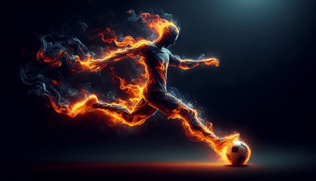 Fiery soccer player kicking glowing ball in dynamic motion, abstract sports concept with flame energy, speed and power on dark dramatic background