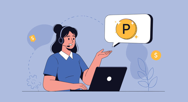 Customer support representative with headset explaining reward points or loyalty program while working on laptop for client satisfaction.