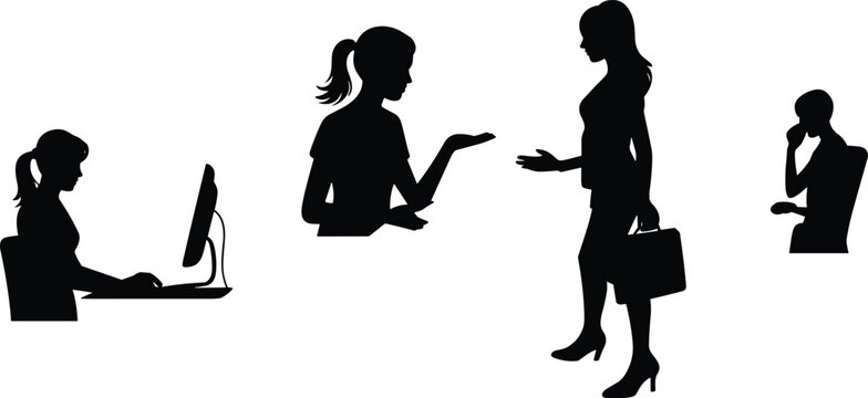 Business silhouettes, office teamwork, professional people, workplace communication, computer desk work, briefcase carrying, thinking pose, corporate lifestyle, modern business interaction