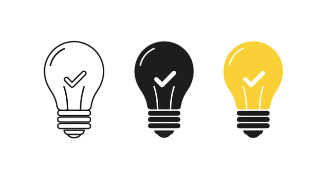 Flat lay of three lightbulb icons in white, black, and yellow with checkmarks on a plain white background.
