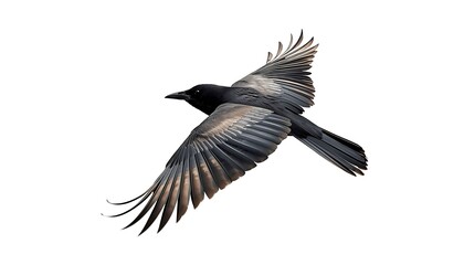 Fototapeta premium A powerful black crow with outstretched wings soaring dynamically across a clear white background.