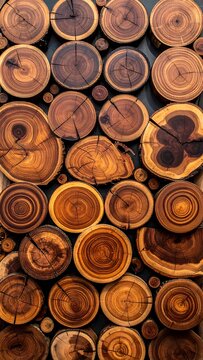 Wood log slices with visible growth rings natural pattern rustic timber texture circular cross section background design detail concept