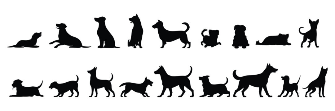 Group of dogs various poses vector silhouettes collection, set of different canine shapes including sitting, standing, running, and playing positions, minimal black design for logos, icons, and pet re