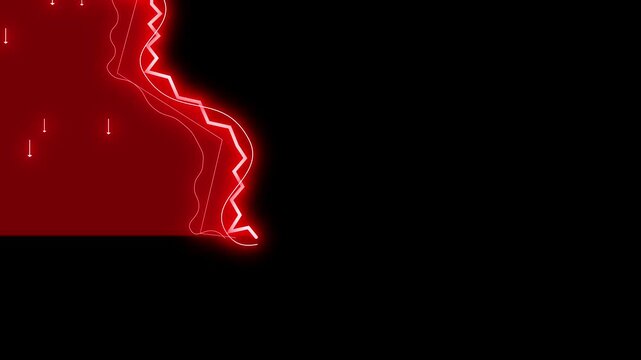 falling market graph, dramatic animation of a glowing red financial line charts sharply declining, economic crash, collapse, downturn, and financial crisis.  neon outline style on dark background.