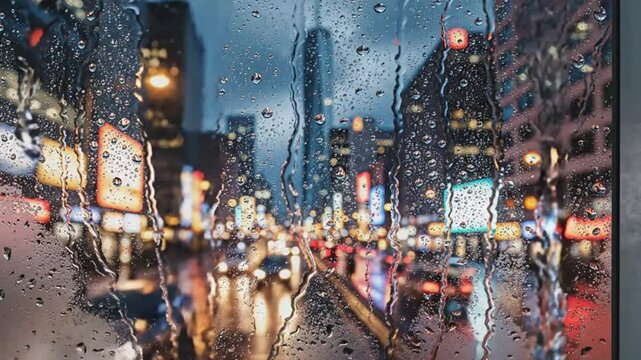 Rainy Cityscape Scene Through a Wet Window Pane with Buildings and Traffic Bokeh Lights