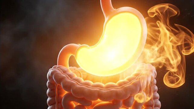 Human stomach and intestine 3d rendering depicting acid reflux, suitable for medical presentations, health articles, pharmaceutical ads, and science education.