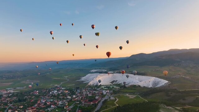 Hot air balloons and Natural travertine pools at sunrise in Pamukkale, Hierapolis, Denizli, Turkey