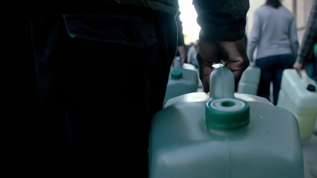 people carrying water jugs in a line, daily life scene