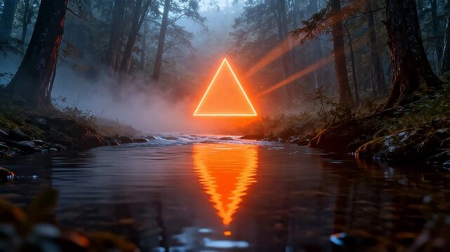 Forest stream with glowing triangle
