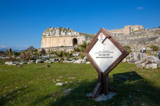 Entrance of Miletus Archaeological Site with ancient amphitheater in Aydin Turkey