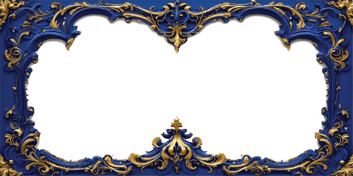 Elegant vintage vector design featuring an ornate gold scroll frame border with golden baroque ornaments and blue floral flower patterns for a decorative invitation card illustration