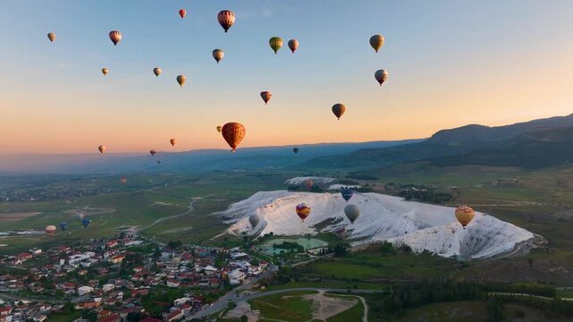 Hot air balloons and Natural travertine pools at sunrise in Pamukkale, Hierapolis, Denizli, Turkey