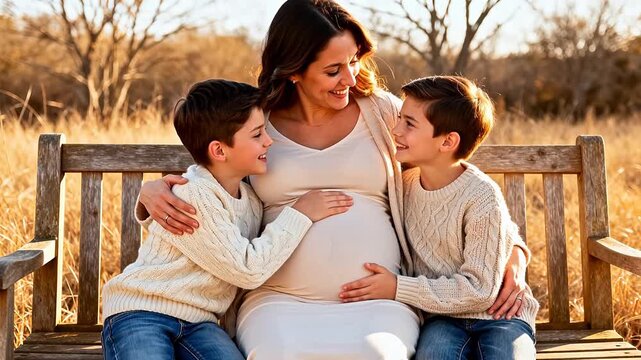 Pregnant woman with two sons on bench