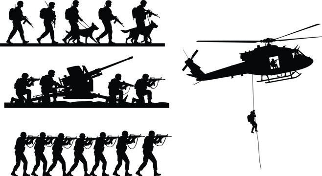 Military silhouettes illustration, soldiers marching formation, army patrol vector, helicopter rappelling operation, artillery gun team, combat training clipart design